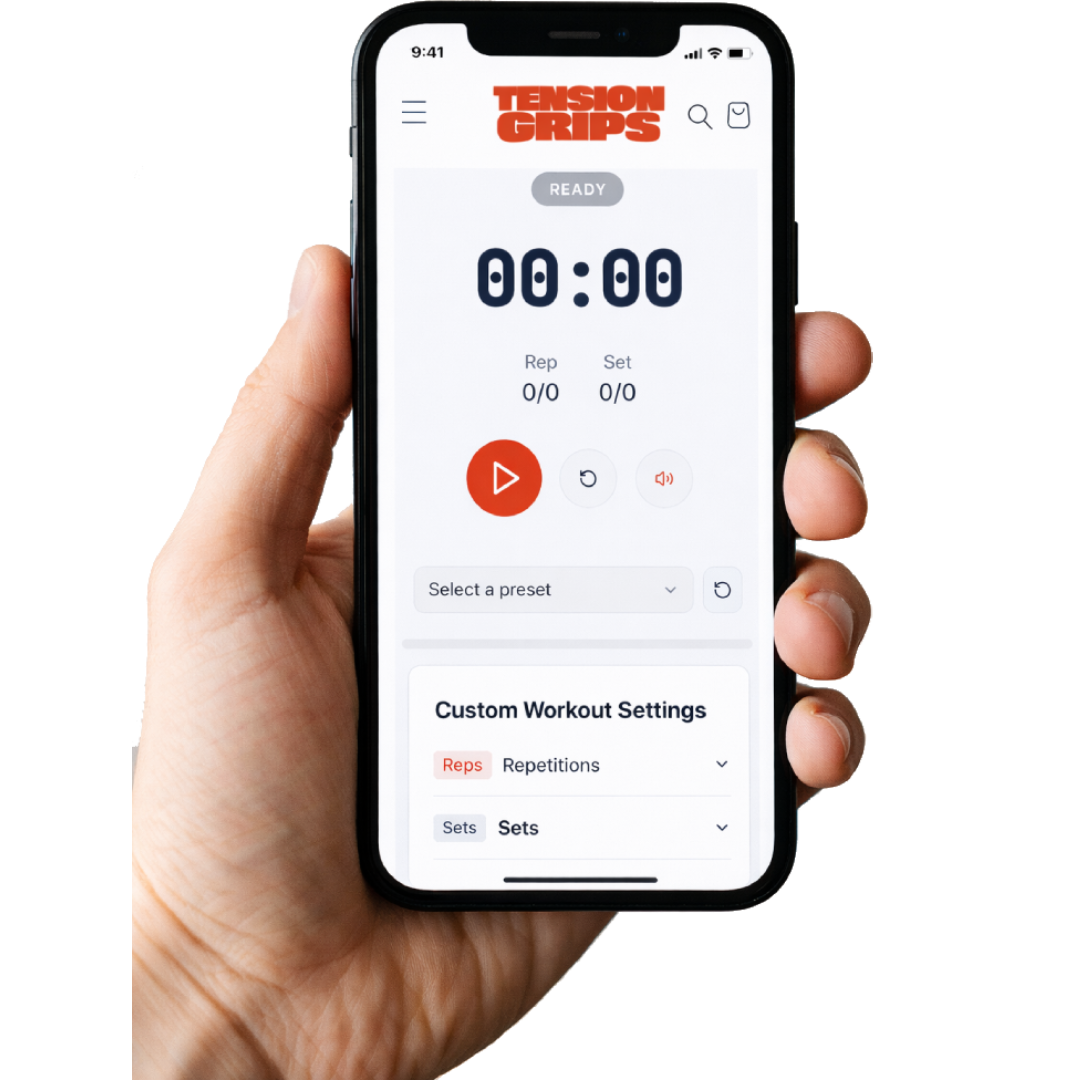 Hand holding a smartphone displaying the Tension Grips app on a white background
